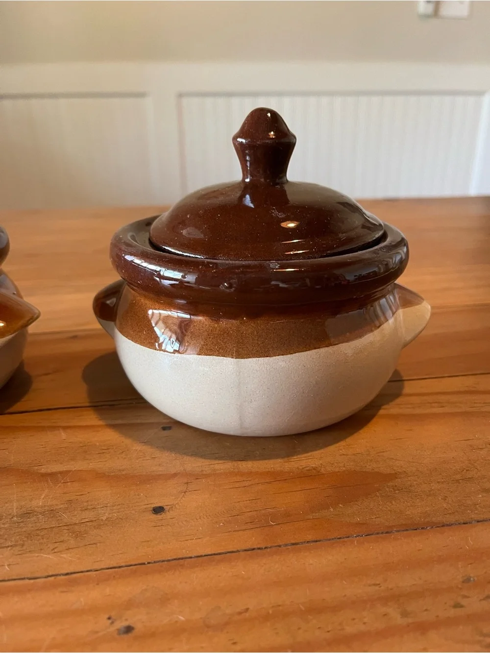 Vintage Brown and Cream Stoneware Casserole Bowls with Lids Set of 2